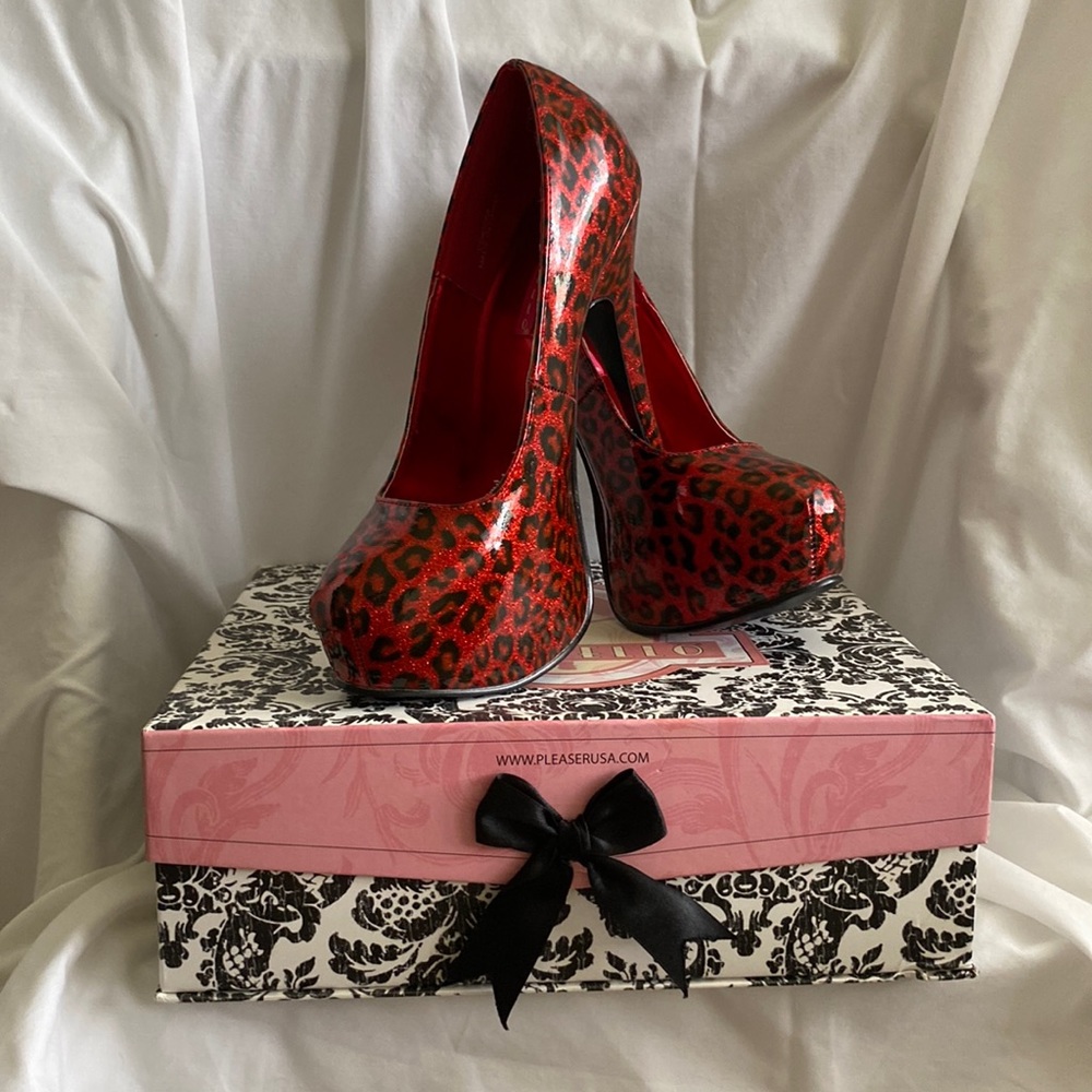 Bordello red leopard print platform stiletto heels